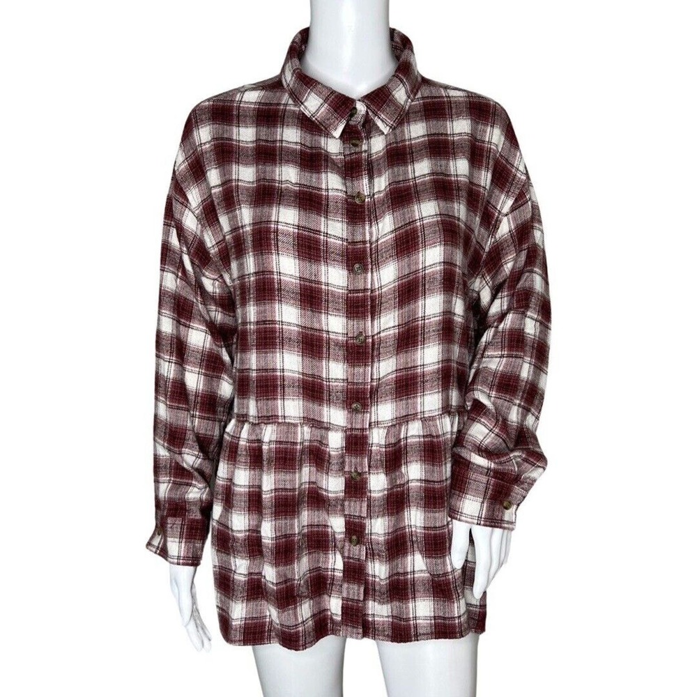American Eagle Outfitters Burgundy and White Plaid Button-Up Blouse